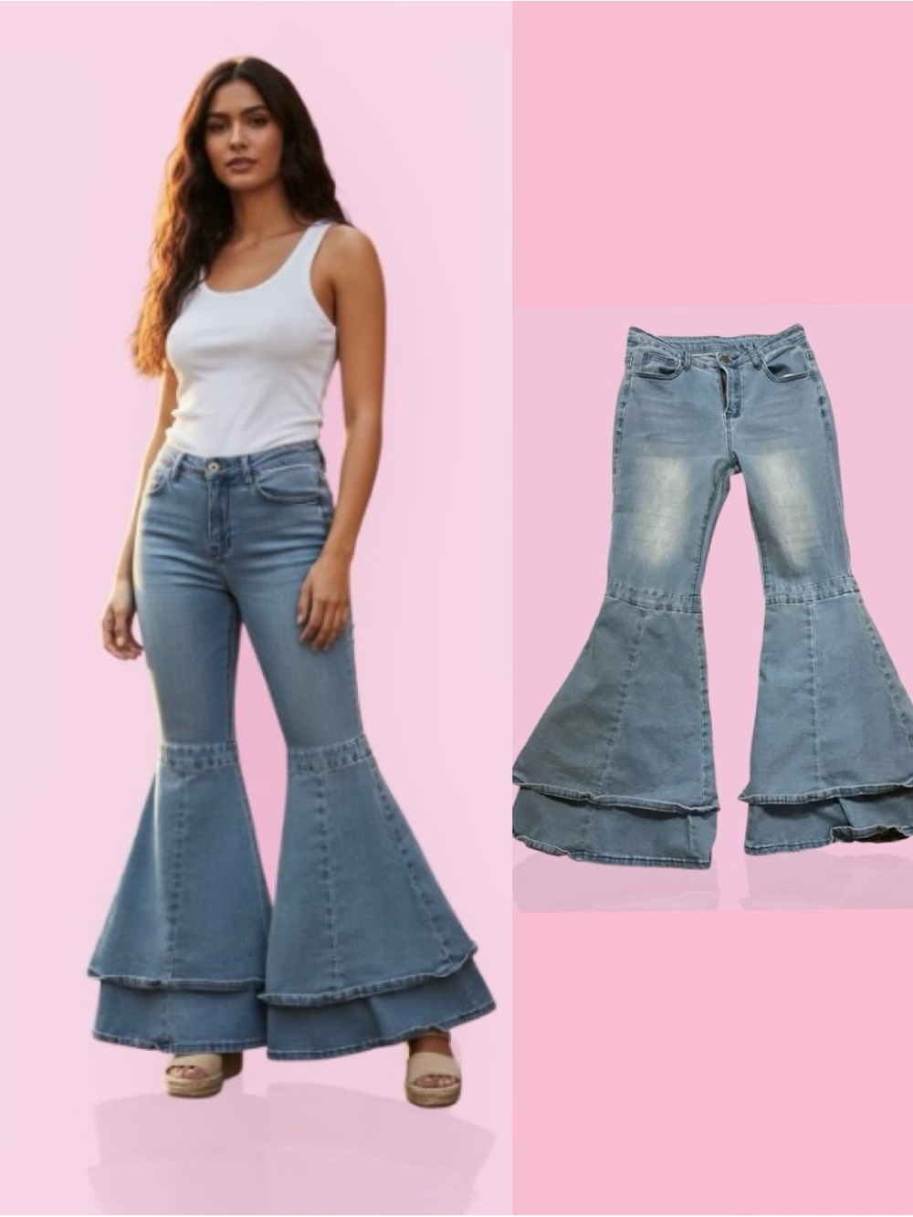 High-Waist Light Blue Layered Flared Jeans for Women. Pants are stretchy